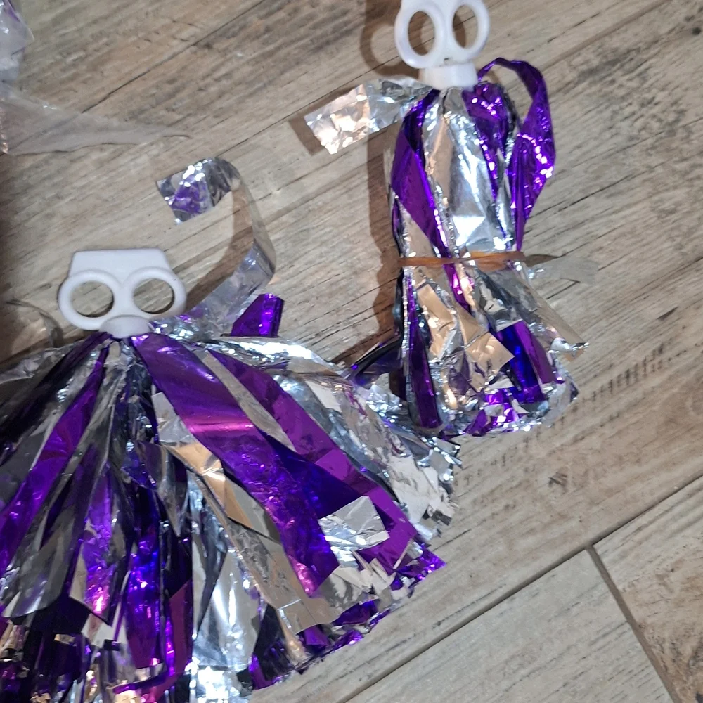 NWT Pack Of 12 Purple and Silver Party Pom Poms With Finger Holes